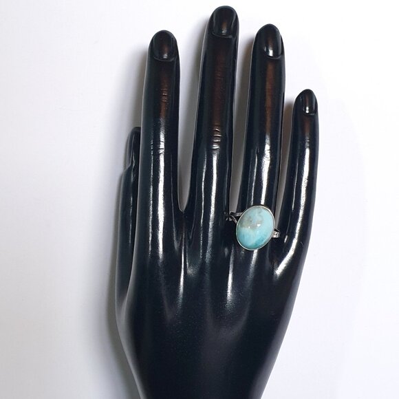 Elegant Vintage 925 Sterling Silver Natural Larimar Cabochon Ring – Size 8 - Picture 11 of 12
